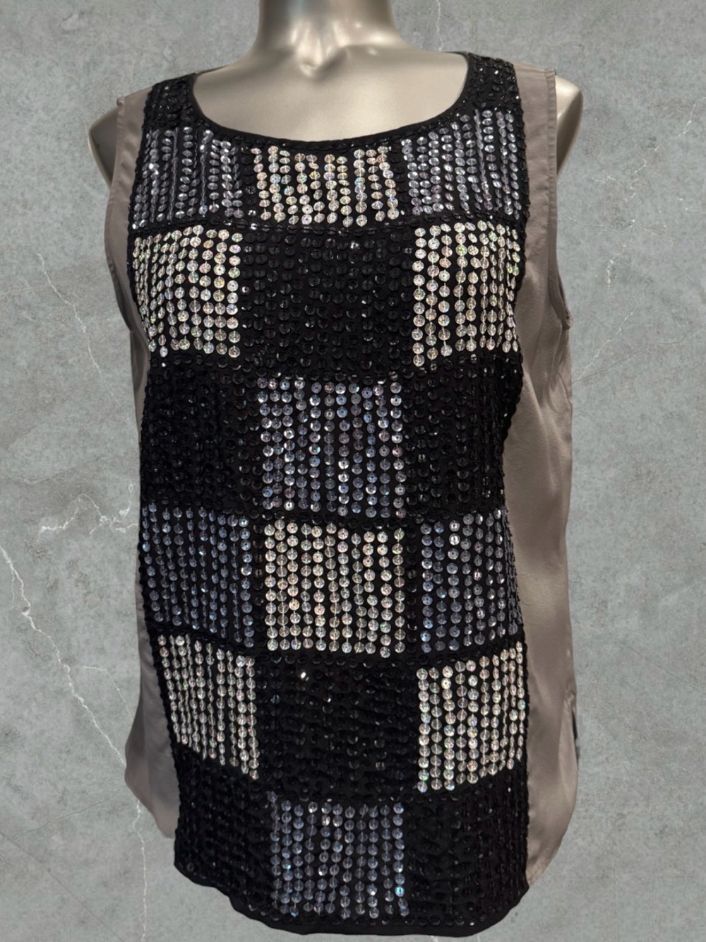 80’s Black and Silver Sequin Checkered Sleeveless 100% Silk Top